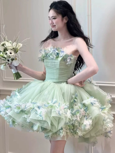Dreamy Mint Green Tulle Floral Strapless A-Line Short Prom Dress Birthday Dress YM2599