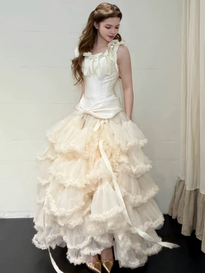 Gentle White Tulle Ruffled Puffy Spaghetti Straps A-Line Long Prom Dress Birthday Dress Ball Gown YM2685