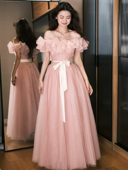 Girlish Pink Tulle Puffy Bateau A-Line Long Prom Dress Birthday Dress Ball Gown YM2657