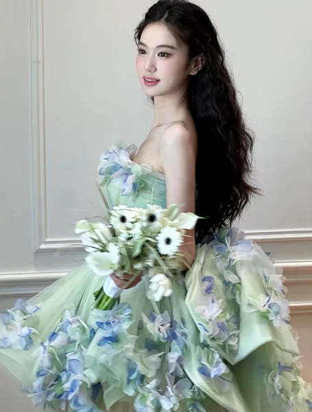 Dreamy Mint Green Tulle Floral Strapless A-Line Short Prom Dress Birthday Dress YM2599