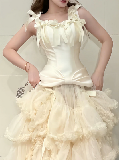 Gentle White Tulle Ruffled Puffy Spaghetti Straps A-Line Long Prom Dress Birthday Dress Ball Gown YM2685