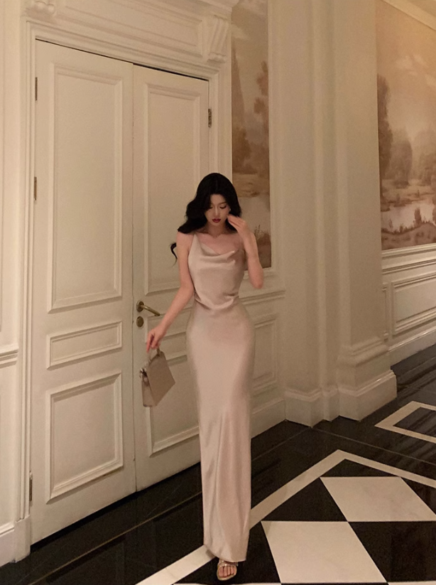 Classy Suspender Dress Slit Satin Champagne Long Party Dress YM1675