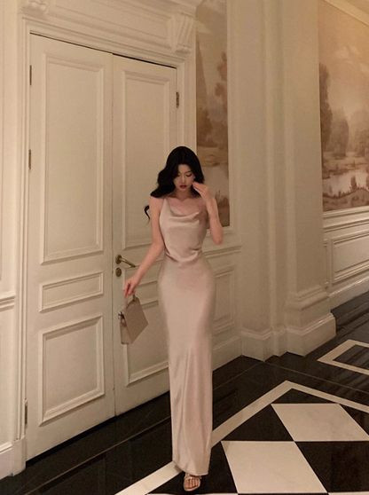 Classy Suspender Dress Slit Satin Champagne Long Party Dress YM1675