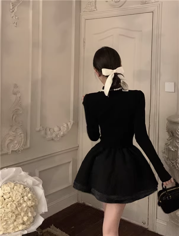 Black Long Sleeve Puffy Little Black Dress Christmas Dress YM1778