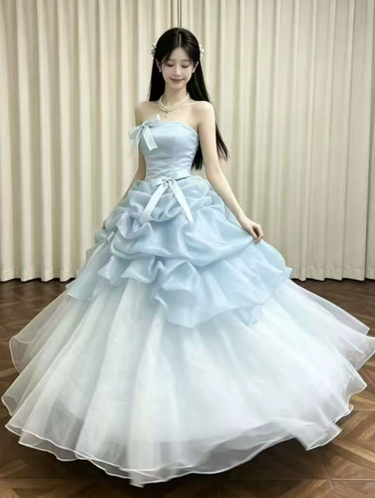 Dreamy Pale Blue Tulle Tiered Strapless A-Line Short Prom Dress Birthday Dress YM2600