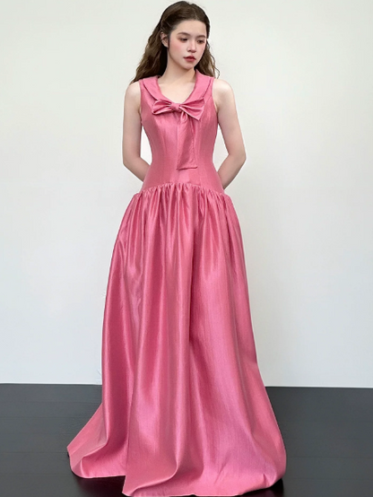 Girlish Barbie Pink Silky Bow Spaghetti Straps A-Line Long Prom Dress Birthday Dress Ball Gown YM2686