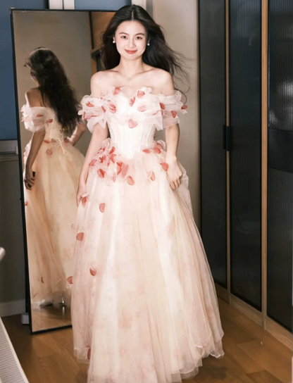Girlish White Tulle Puffy Floral Bateau A-Line Long Prom Dress Birthday Dress Ball Gown YM2658