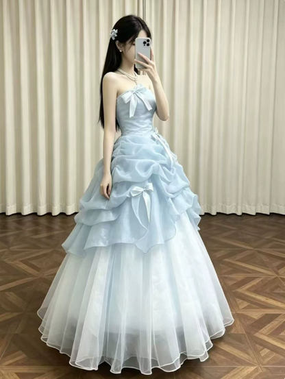 Dreamy Pale Blue Tulle Tiered Strapless A-Line Short Prom Dress Birthday Dress YM2600