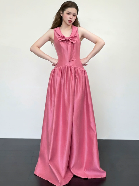 Girlish Barbie Pink Silky Bow Spaghetti Straps A-Line Long Prom Dress Birthday Dress Ball Gown YM2686
