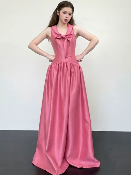 Girlish Barbie Pink Silky Bow Spaghetti Straps A-Line Long Prom Dress Birthday Dress Ball Gown YM2686