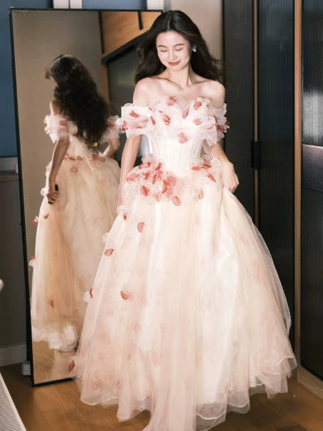 Girlish White Tulle Puffy Floral Bateau A-Line Long Prom Dress Birthday Dress Ball Gown YM2658