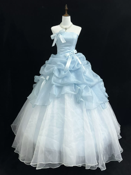 Dreamy Pale Blue Tulle Tiered Strapless A-Line Short Prom Dress Birthday Dress YM2600