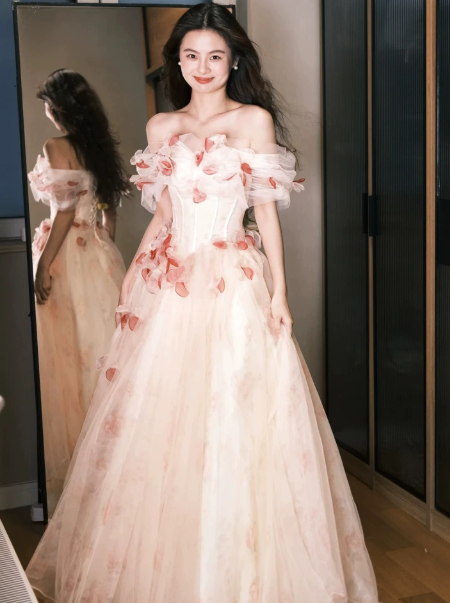 Girlish White Tulle Puffy Floral Bateau A-Line Long Prom Dress Birthday Dress Ball Gown YM2658