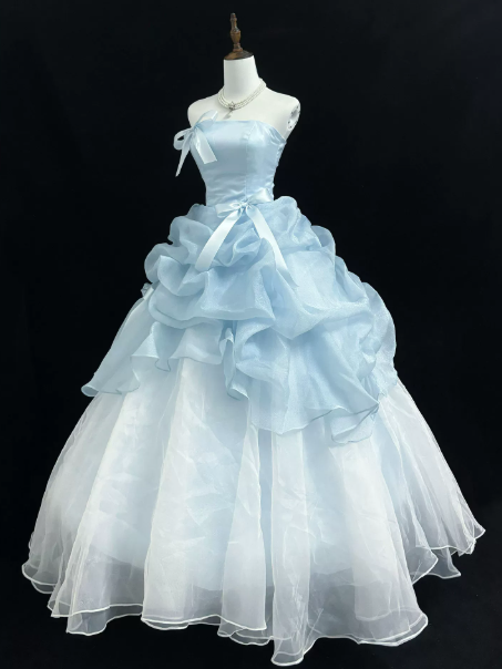Dreamy Pale Blue Tulle Tiered Strapless A-Line Short Prom Dress Birthday Dress YM2600