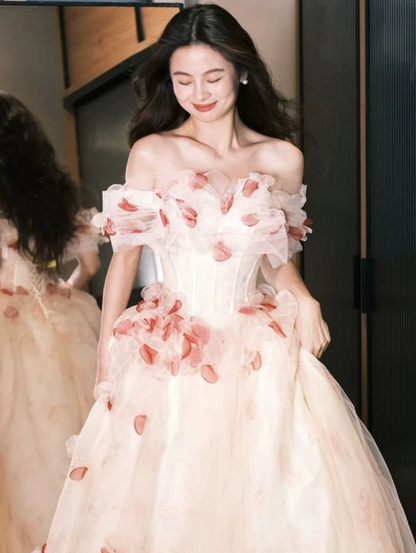 Girlish White Tulle Puffy Floral Bateau A-Line Long Prom Dress Birthday Dress Ball Gown YM2658