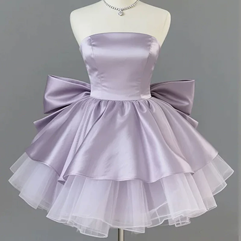 Sweet Purple Strapless Satin Tulle A Line Short Birthday Dress With Bow YM2460
