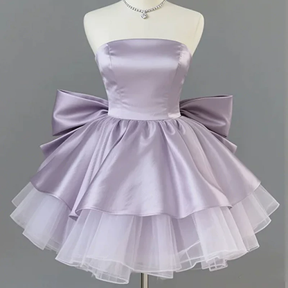 Sweet Purple Strapless Satin Tulle A Line Short Birthday Dress With Bow YM2460