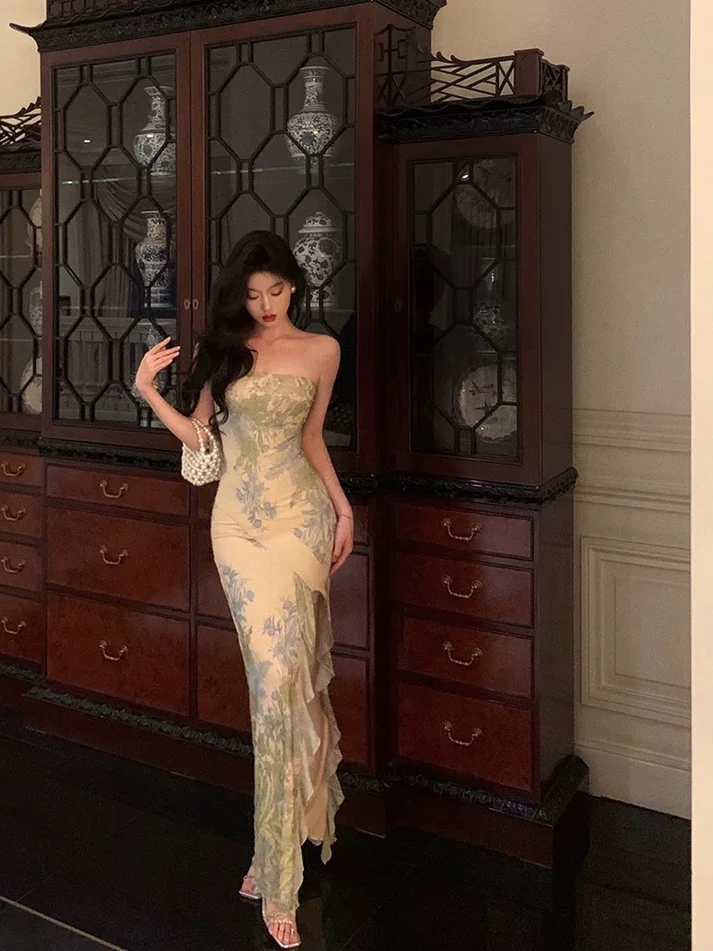 Beautiful Strapless Floral Slit Ruffles Prom Dress Birthday Outfits YM1710