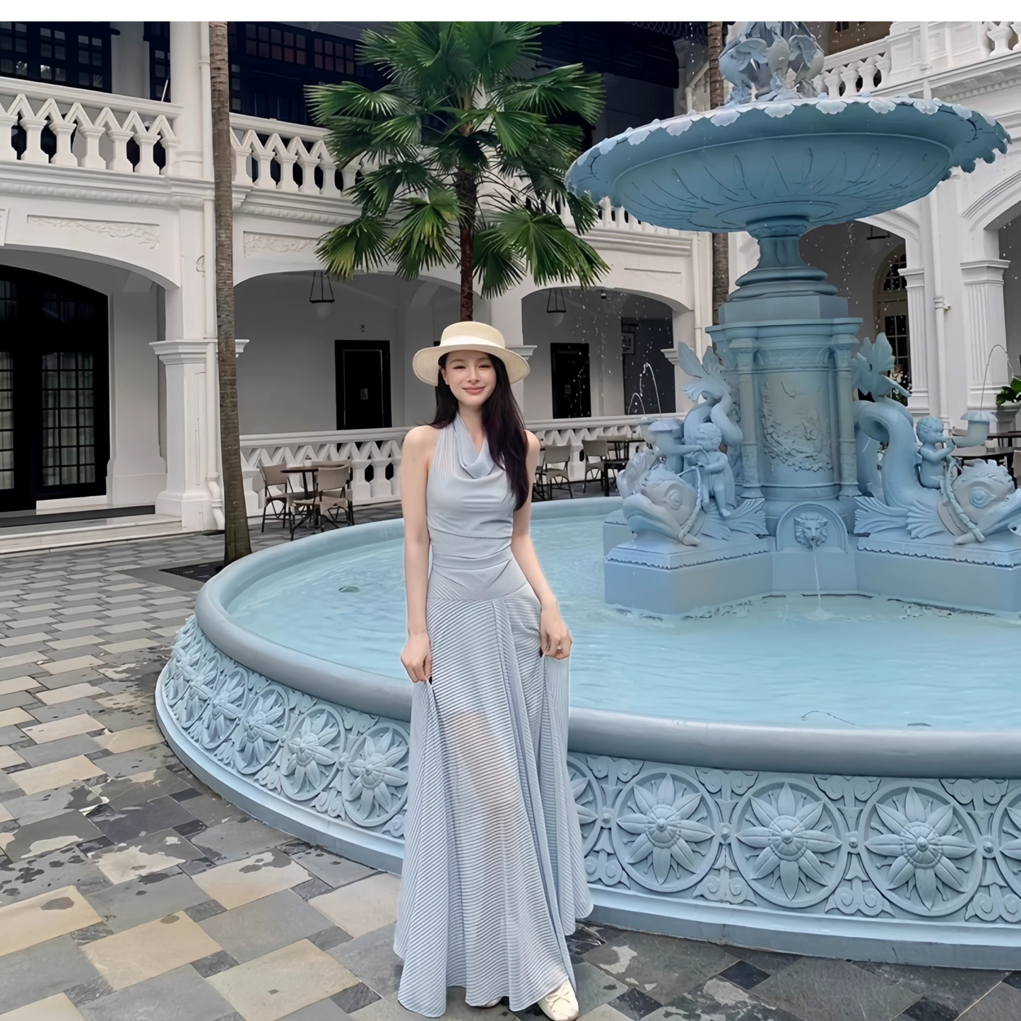 Elegant Blue Off The Shoulder A Line Long Vacation Dress Women Dress YM2204