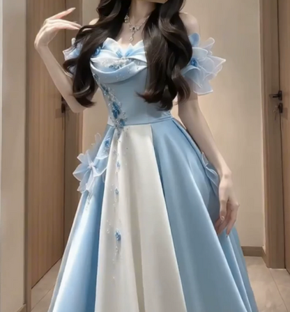Dreamy Baby Blue Applique Silky Bateau A-Line Short Prom Dress Birthday Dress YM2602