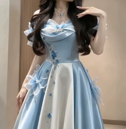 Dreamy Baby Blue Applique Silky Bateau A-Line Short Prom Dress Birthday Dress YM2602