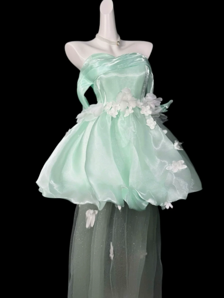 Dreamy Mint Green Silky Satin Off-the-shoulder A-Line Short Prom Dress Birthday Dress YM2560