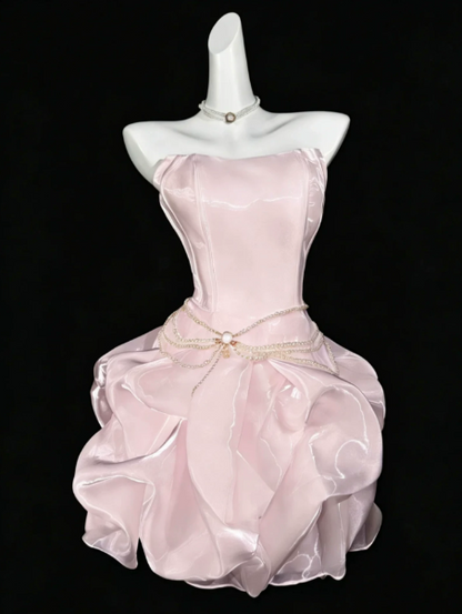 Dreamy Pink Silky Puffy Strapless A-Line Short Prom Dress Birthday Dress YM2561