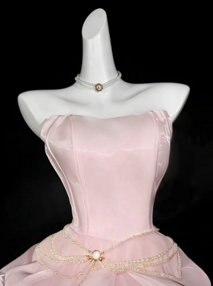 Dreamy Pink Silky Puffy Strapless A-Line Short Prom Dress Birthday Dress YM2561