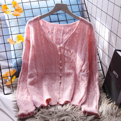 Sweet Japanese Style Knitted Sweater,Short V-neck Hollow Sweater Jacket For Women YM2344