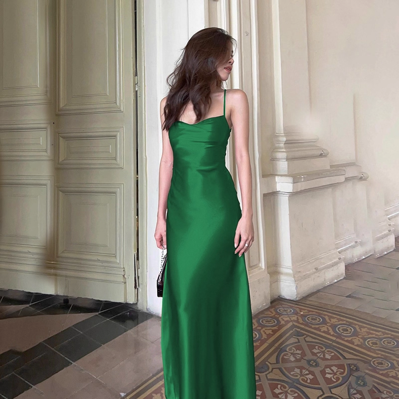Simple Spaghetti Straps Green Satin Backless A Line Party Dress Birthday Dress YM2248