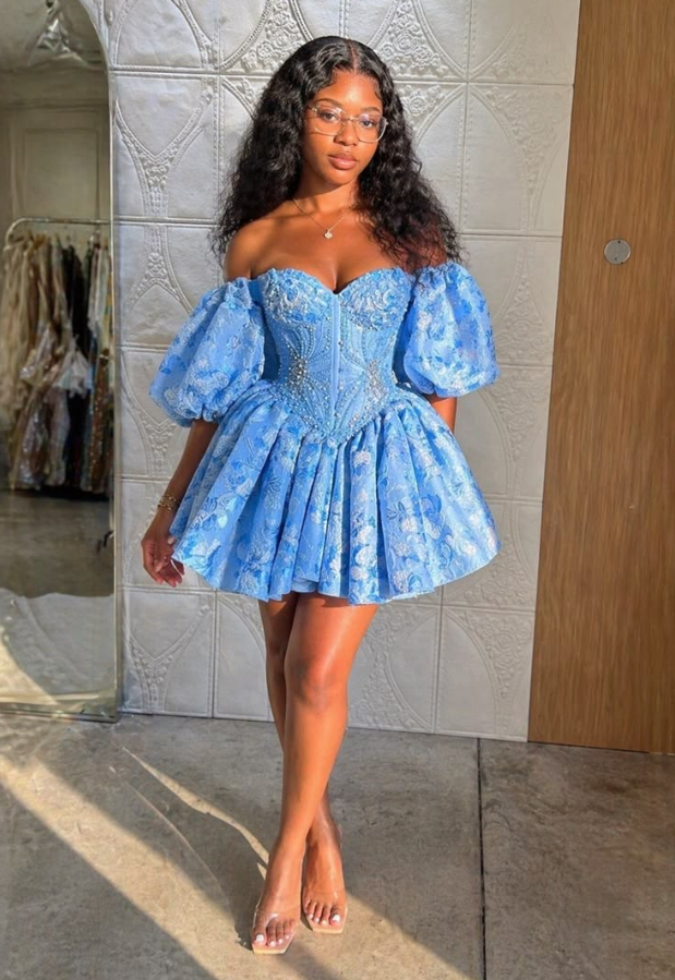 Charming Baby Blue Satin Beaded Bateau A-Line Short Prom Dress Party Dress YM2510