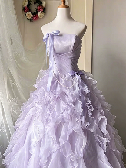 Dreamy Lavender Tulle Pleated Strapless A-Line Long Prom Dress Birthday Dress YM2605