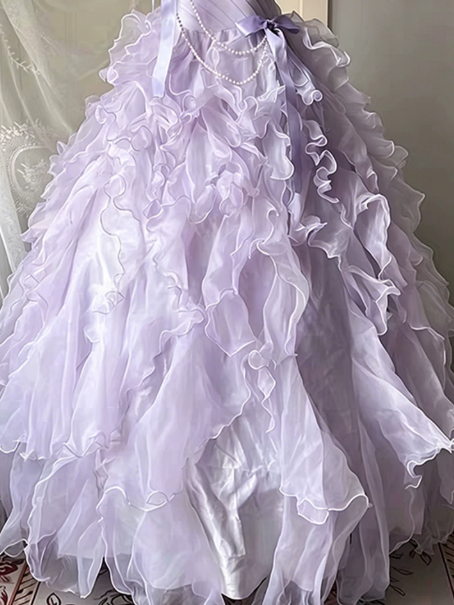 Dreamy Lavender Tulle Pleated Strapless A-Line Long Prom Dress Birthday Dress YM2605