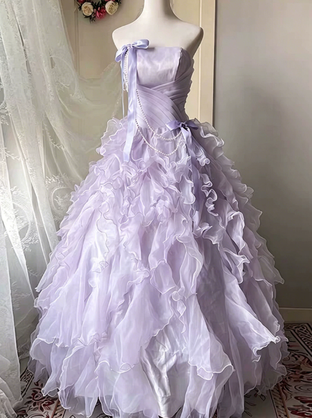 Dreamy Lavender Tulle Pleated Strapless A-Line Long Prom Dress Birthday Dress YM2605