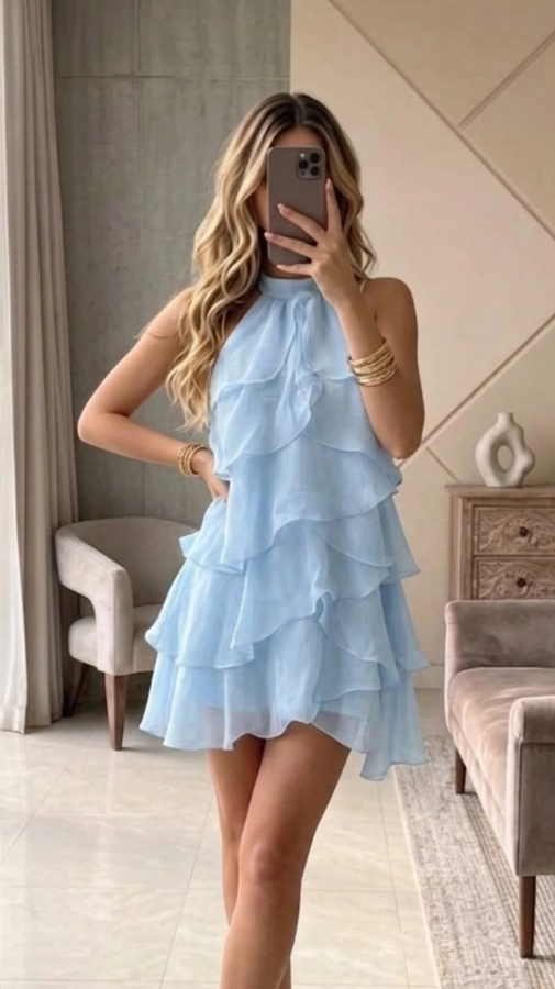 Resort Pale Blue Chiffon Ruffled High Collar A-Line Short Prom Dress Party Dress YM2511