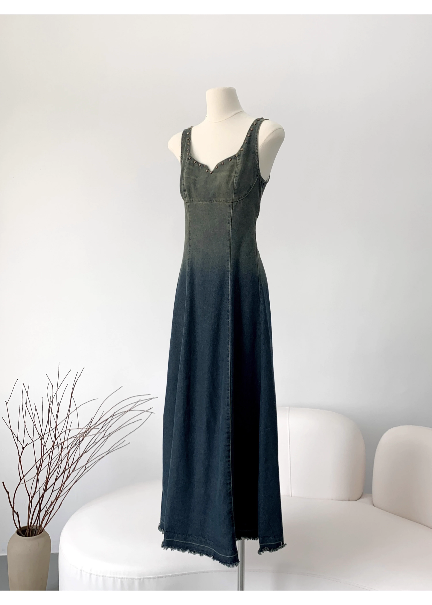 Denim Dress New Retro Gradient Suspender Long Dress YM1789
