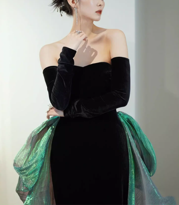 Black Evening Dress Strapless Velevet Mermaid Prom Dress YM1615