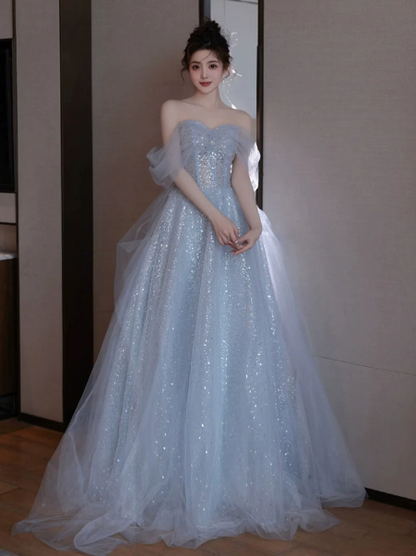 Sparkly Pale Blue Tulle Sequins Off-the-shoulder A-Line Long Prom Dress Birthday Dress YM2606