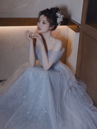 Sparkly Pale Blue Tulle Sequins Off-the-shoulder A-Line Long Prom Dress Birthday Dress YM2606
