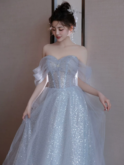 Sparkly Pale Blue Tulle Sequins Off-the-shoulder A-Line Long Prom Dress Birthday Dress YM2606