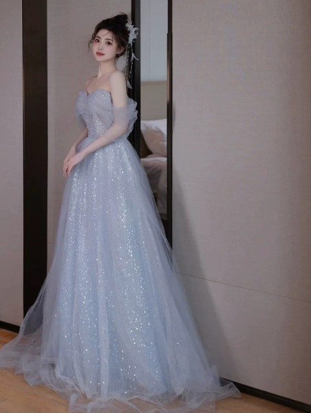 Sparkly Pale Blue Tulle Sequins Off-the-shoulder A-Line Long Prom Dress Birthday Dress YM2606