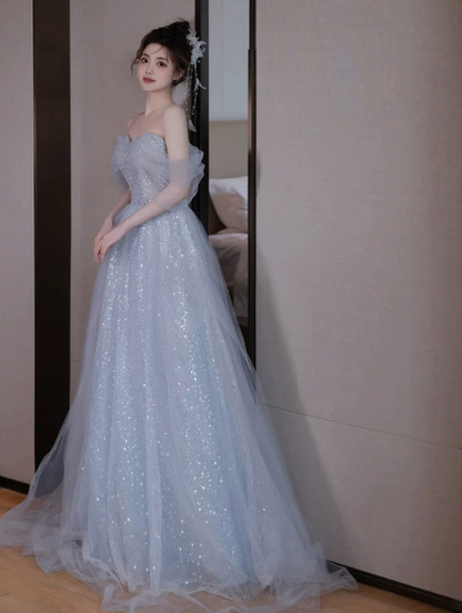 Sparkly Pale Blue Tulle Sequins Off-the-shoulder A-Line Long Prom Dress Birthday Dress YM2606