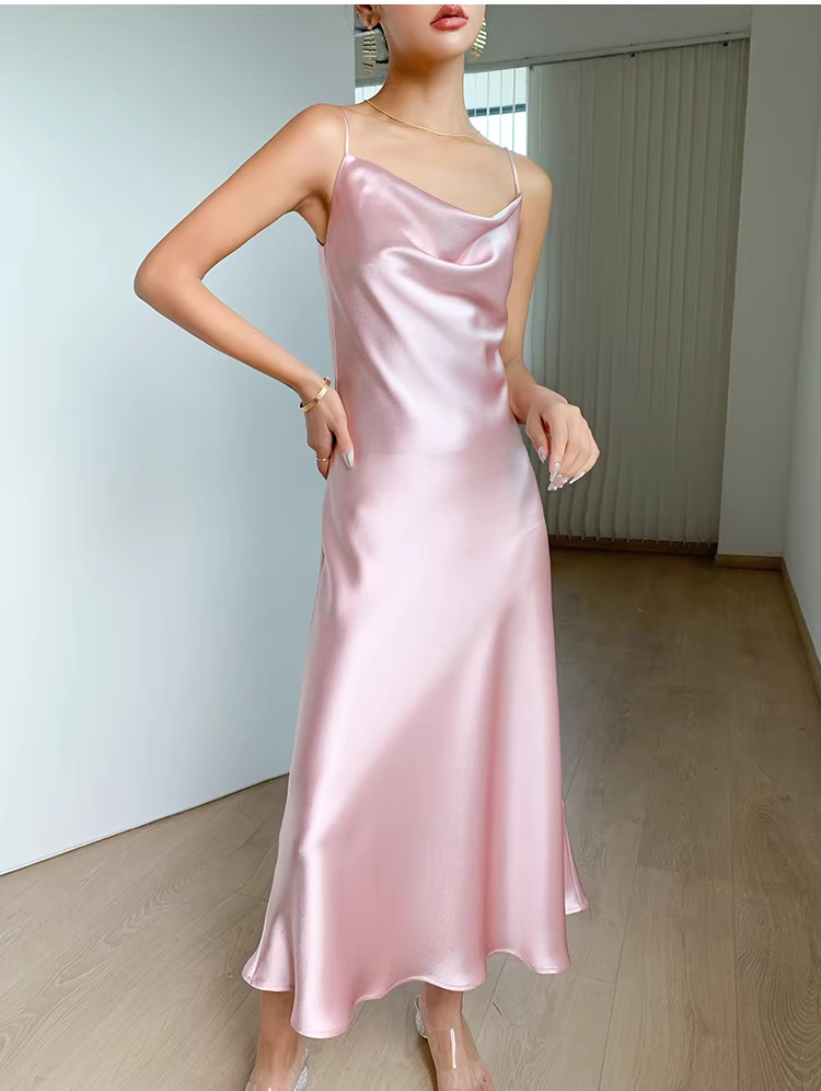 Simple Pink Spaghetti Straps Satin Long Holiday Dress Birthday Dress YM2434