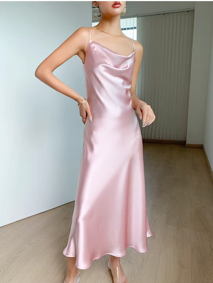 Simple Pink Spaghetti Straps Satin Long Holiday Dress Birthday Dress YM2434