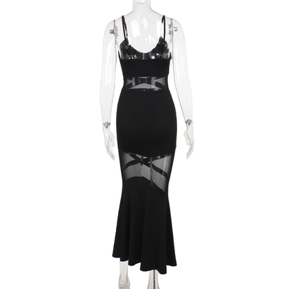 Sexy Tulle Stitching Spaghetti Straps Black Long Vacation Dress Women Dress YM2221
