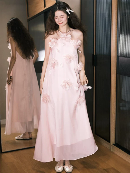 Sweet Blush Pink Chiffon Applique Halter A-Line Long Prom Dress Party Dress YM2607