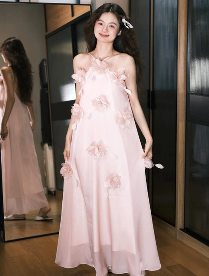 Sweet Blush Pink Chiffon Applique Halter A-Line Long Prom Dress Party Dress YM2607