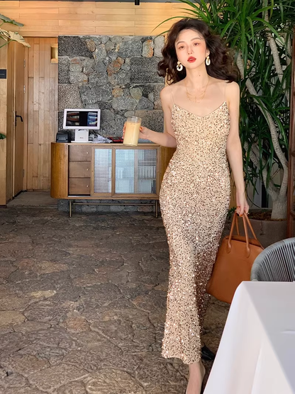Sexy Red Velvet Sequins V-Neck Suspender Prom Dress Birthday Outfits YM1725