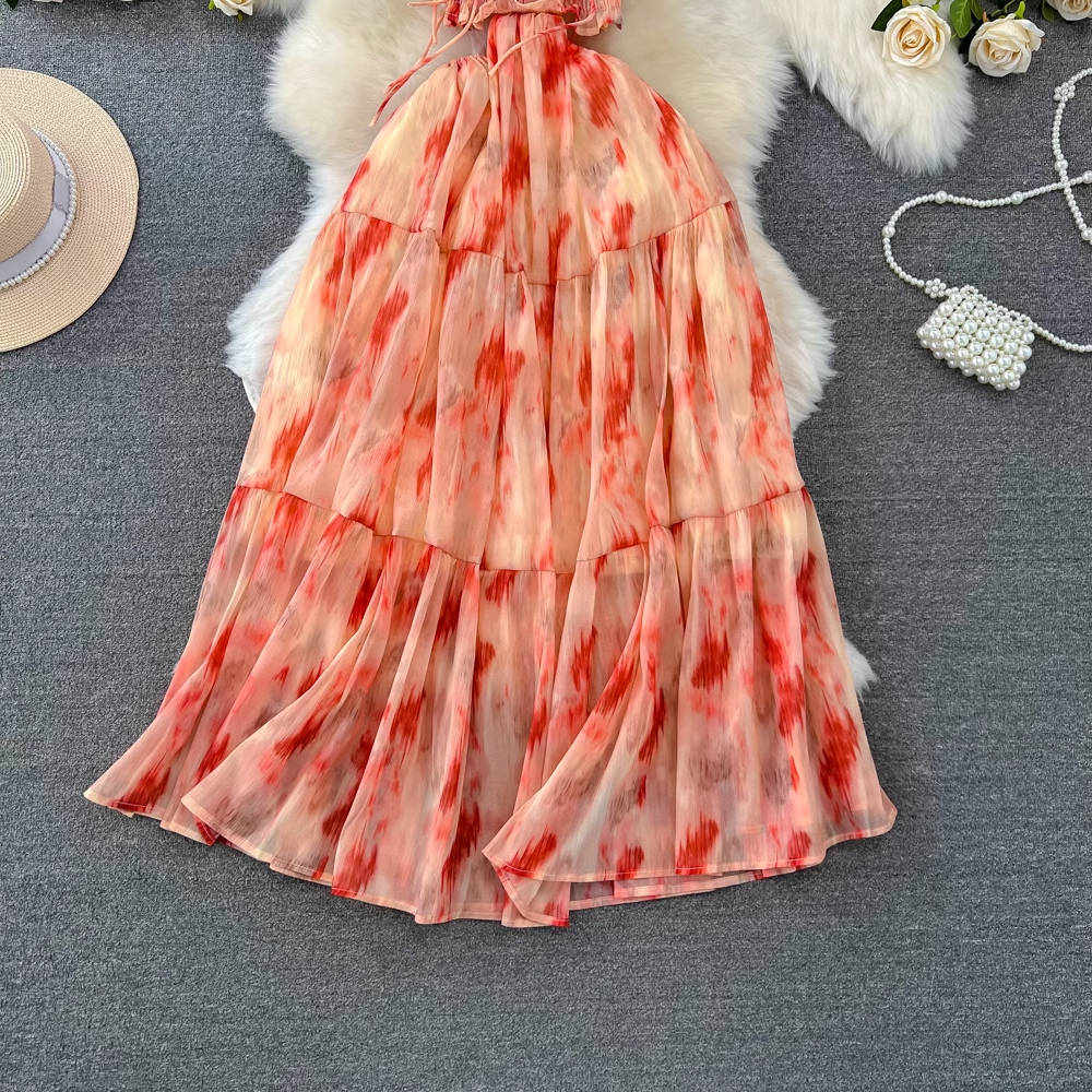 A-line printed suspender dress seaside vacation dress  YM941