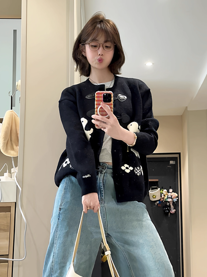 Black Retro Horn Button Rabbit Embroidered Cardigan Sweater YM2403